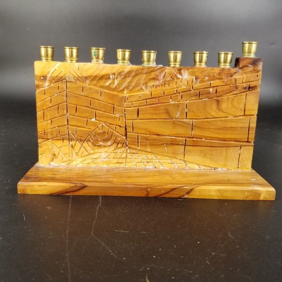 Jewish Menorah Wooden Hand Carved Wailing Wall Candle Holder Jerusalem Judaica - Picture 1 of 12